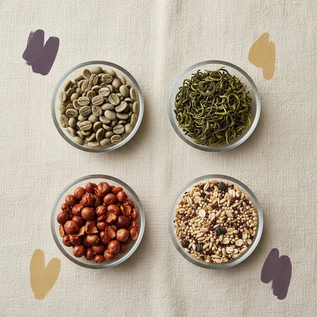 Flat-lay of green coffee beans, dried green tea leaves, guarana seeds and chromium-rich whole grains - the key botanicals supporting zinc and metabolism support supplement
