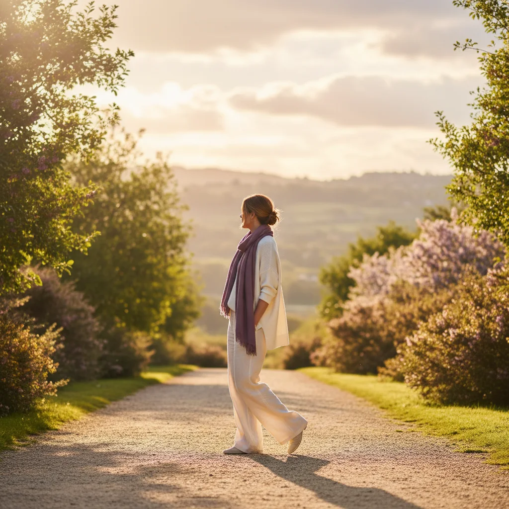 Anonymous woman from behind walking through a bright park path in morning light - active wellness lifestyle