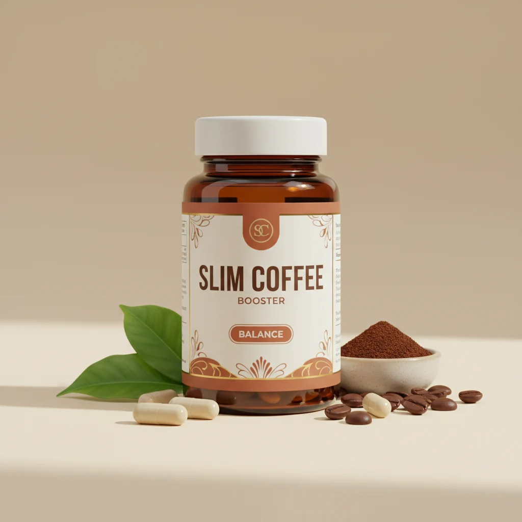 Slim Coffee Booster - compact square box in dark charcoal with gold lettering and plum accent panel